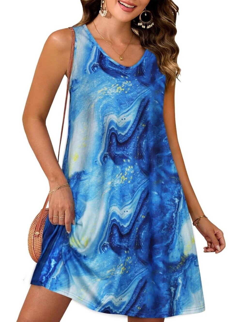 Women's Blue Stary Sky Casual Sleeveless Loose T Shirt V Neck Swing Mini Dress - Picture 1 of 5